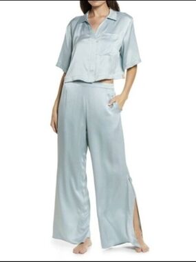 Lunya Washable Silk Two-Piece Pajama Set in Light Blue